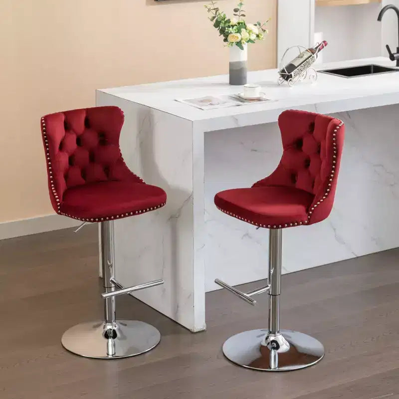 Tabourets de bar pivotants en velours hauteur comptoir, lot de 2, tabourets de bar pivotants à 360° avec dossier capitonné et cadre argenté mat
