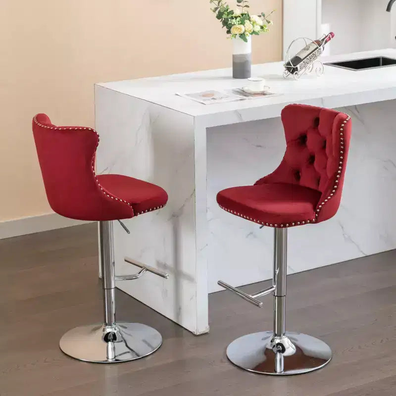 Tabourets de bar pivotants en velours hauteur comptoir, lot de 2, tabourets de bar pivotants à 360° avec dossier capitonné et cadre argenté mat