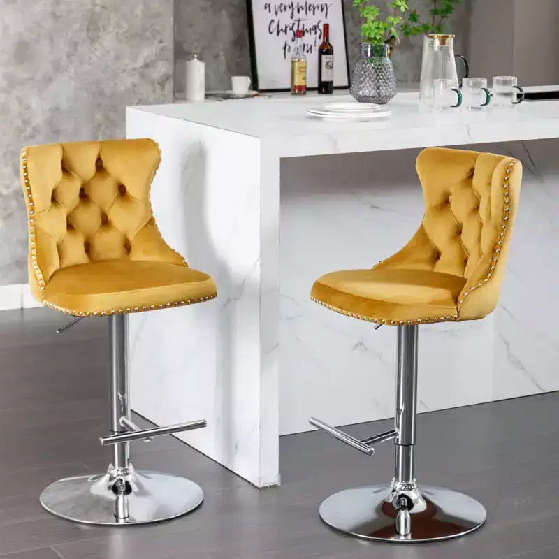 Tabourets de bar pivotants en velours hauteur comptoir, lot de 2, tabourets de bar pivotants à 360° avec dossier capitonné et cadre argenté mat