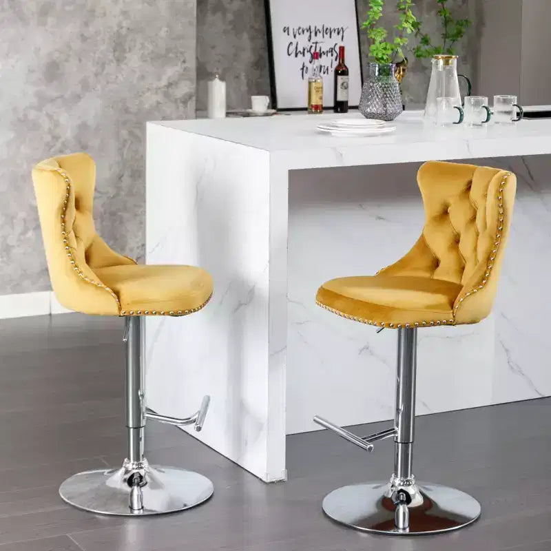 Tabourets de bar pivotants en velours hauteur comptoir, lot de 2, tabourets de bar pivotants à 360° avec dossier capitonné et cadre argenté mat