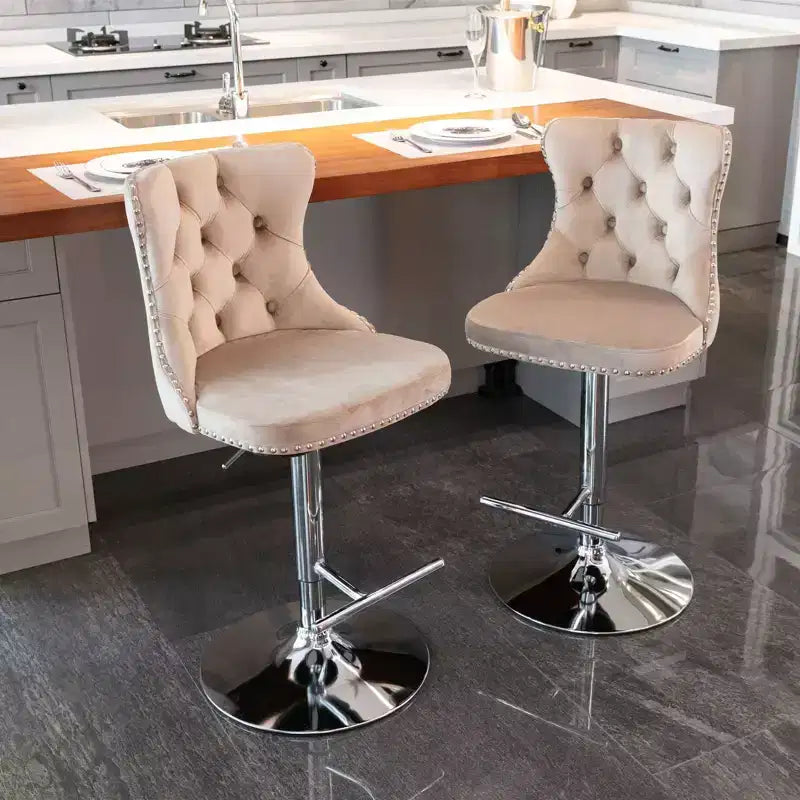 Tabourets de bar pivotants en velours hauteur comptoir, lot de 2, tabourets de bar pivotants à 360° avec dossier capitonné et cadre argenté mat