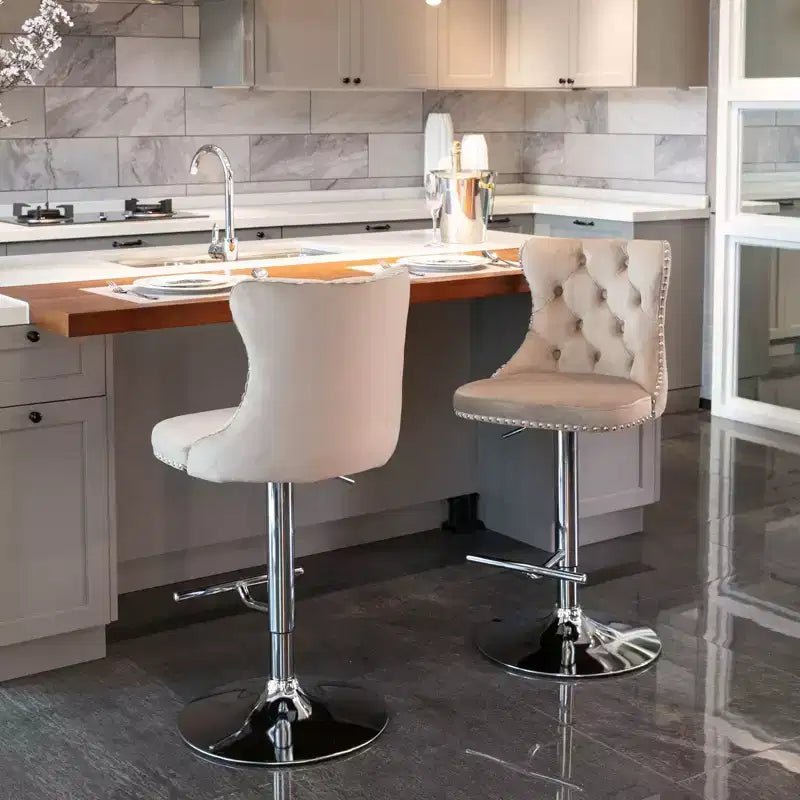 Tabourets de bar pivotants en velours hauteur comptoir, lot de 2, tabourets de bar pivotants à 360° avec dossier capitonné et cadre argenté mat