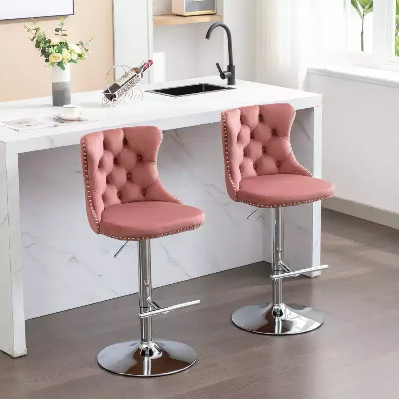 Tabourets de bar pivotants en velours hauteur comptoir, lot de 2, tabourets de bar pivotants à 360° avec dossier capitonné et cadre argenté mat