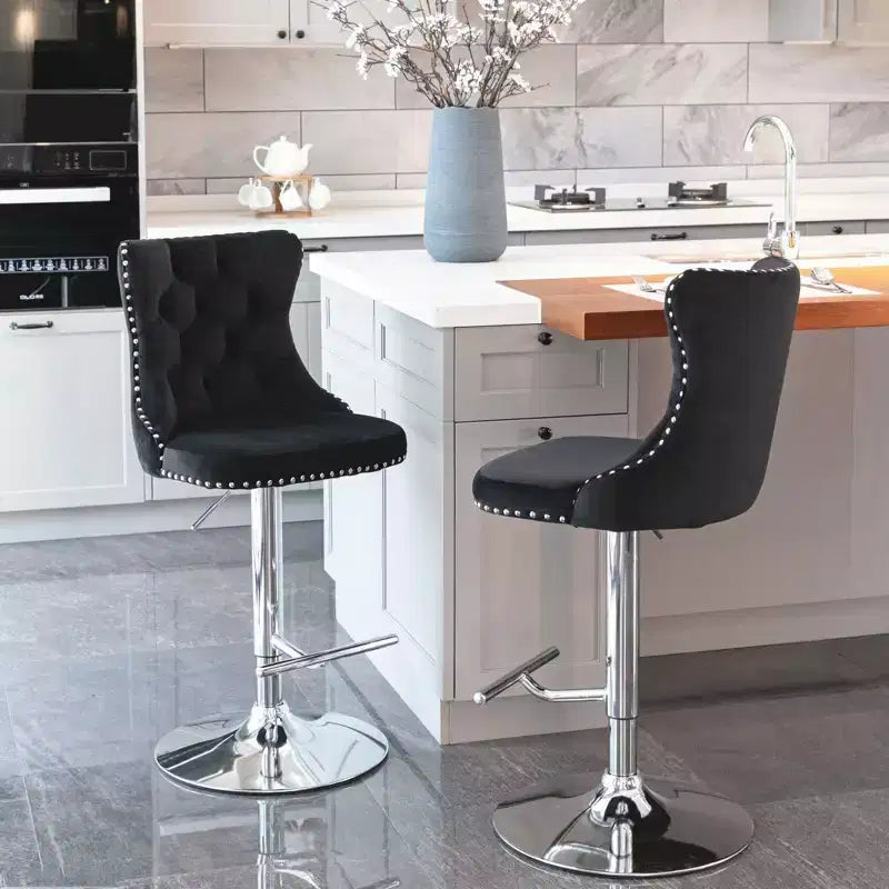 Tabourets de bar pivotants en velours hauteur comptoir, lot de 2, tabourets de bar pivotants à 360° avec dossier capitonné et cadre argenté mat