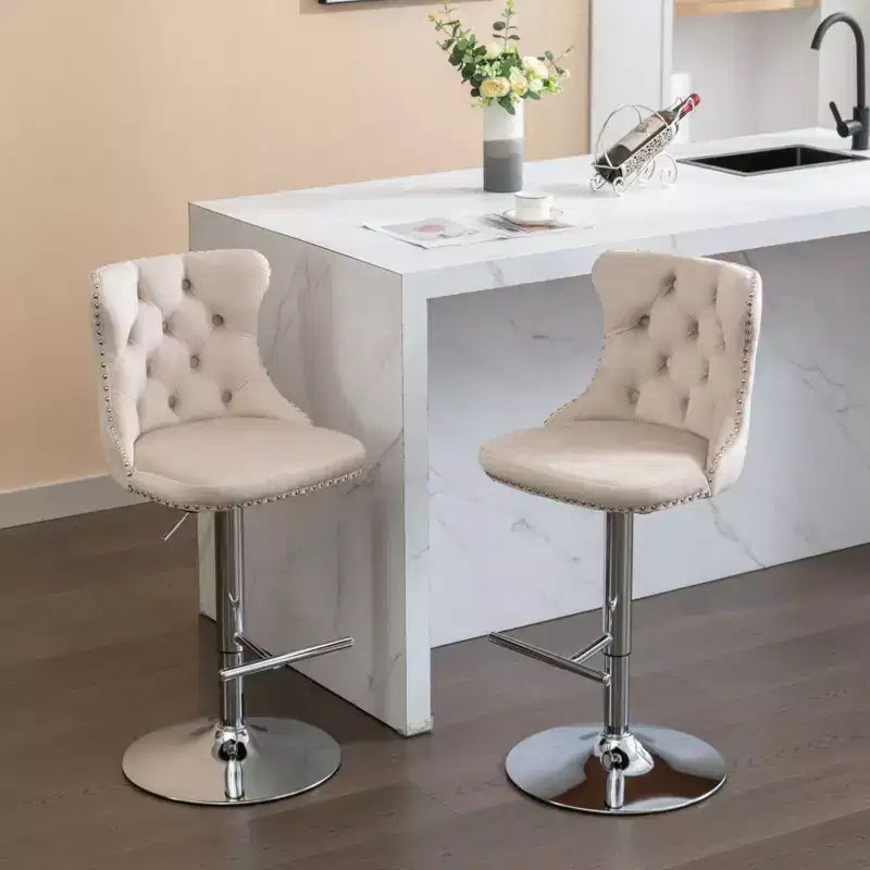 Tabourets de bar pivotants en velours hauteur comptoir, lot de 2, tabourets de bar pivotants à 360° avec dossier capitonné et cadre argenté mat
