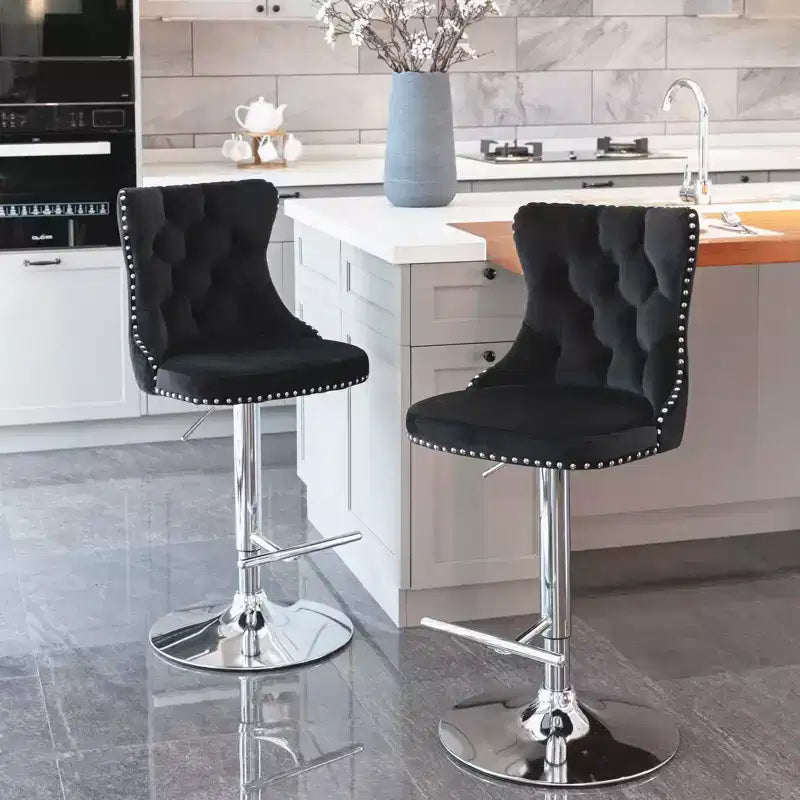 Tabourets de bar pivotants en velours hauteur comptoir, lot de 2, tabourets de bar pivotants à 360° avec dossier capitonné et cadre argenté mat