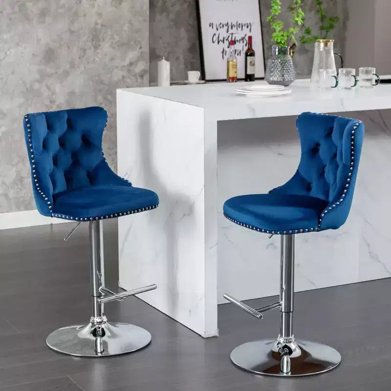 Tabourets de bar pivotants en velours hauteur comptoir, lot de 2, tabourets de bar pivotants à 360° avec dossier capitonné et cadre argenté mat