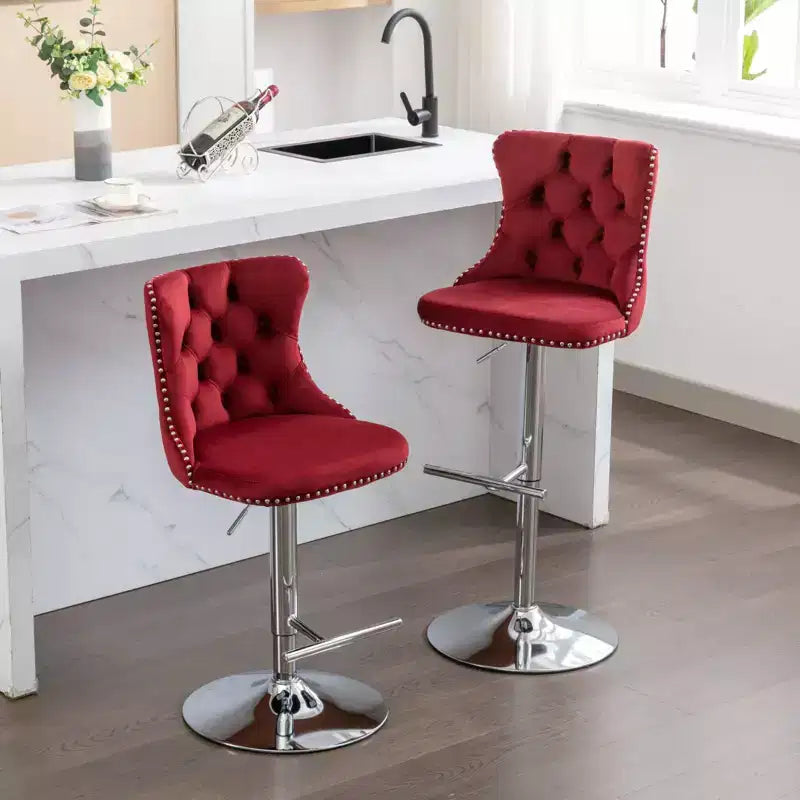 Tabourets de bar pivotants en velours hauteur comptoir, lot de 2, tabourets de bar pivotants à 360° avec dossier capitonné et cadre argenté mat