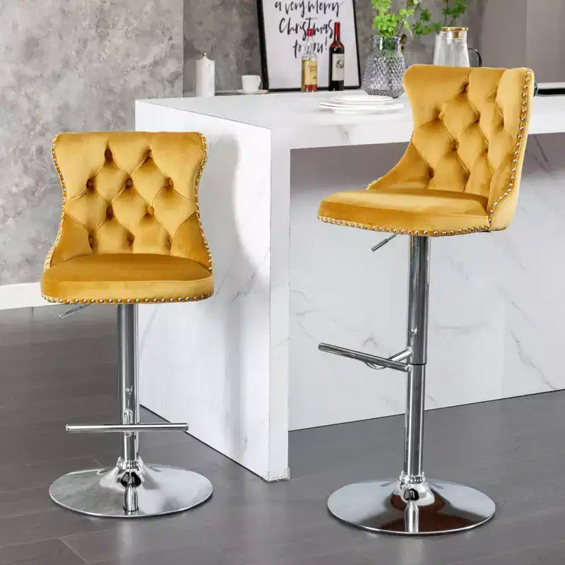 Tabourets de bar pivotants en velours hauteur comptoir, lot de 2, tabourets de bar pivotants à 360° avec dossier capitonné et cadre argenté mat