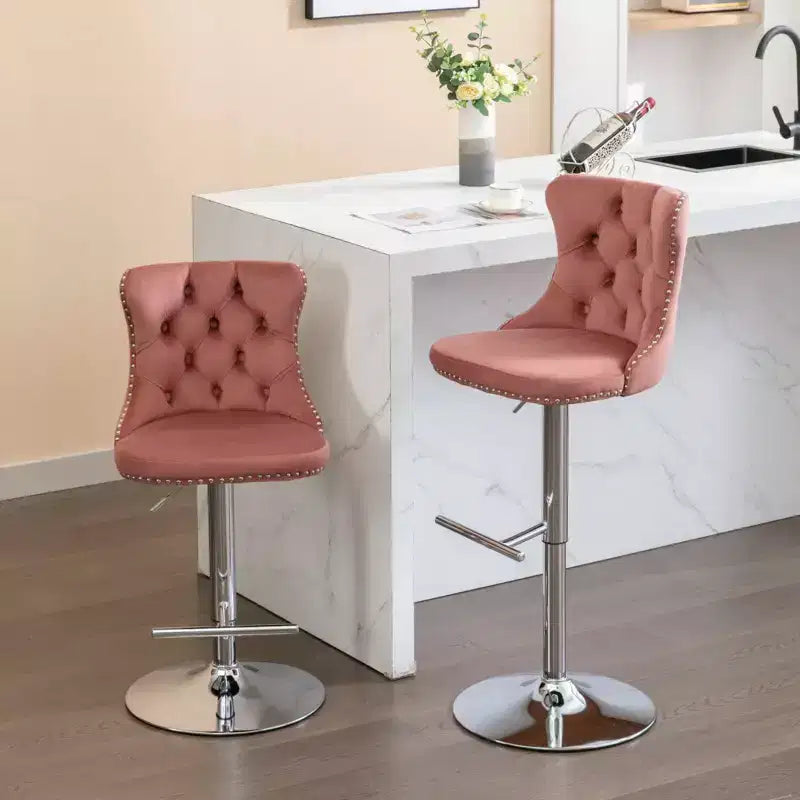 Tabourets de bar pivotants en velours hauteur comptoir, lot de 2, tabourets de bar pivotants à 360° avec dossier capitonné et cadre argenté mat