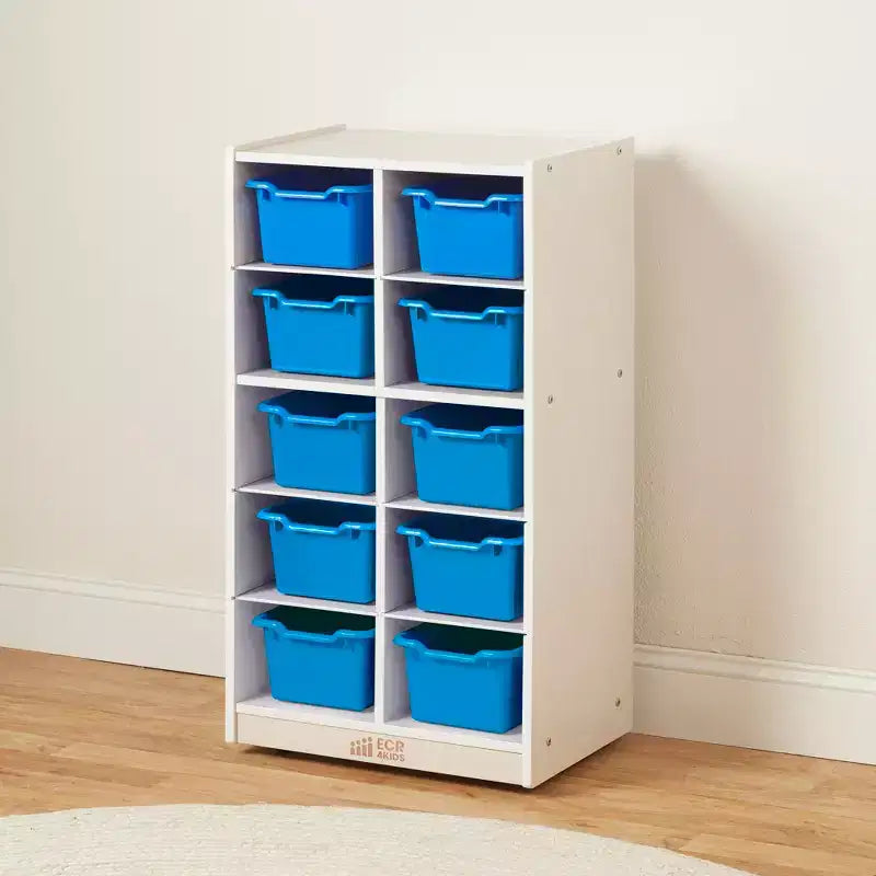 Meuble de rangement mobile à 10 casiers et 10 bacs frontaux inclinés, 5x2, mobilier pour enfants