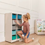 Meuble de rangement mobile à 10 casiers et 10 bacs frontaux inclinés, 5x2, mobilier pour enfants