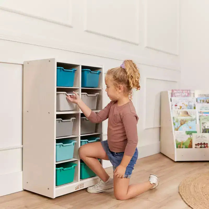 Meuble de rangement mobile à 10 casiers et 10 bacs frontaux inclinés, 5x2, mobilier pour enfants