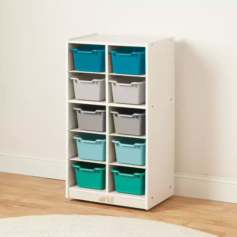 Meuble de rangement mobile à 10 casiers et 10 bacs frontaux inclinés, 5x2, mobilier pour enfants