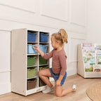Meuble de rangement mobile à 10 casiers et 10 bacs frontaux inclinés, 5x2, mobilier pour enfants
