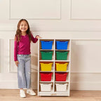 Meuble de rangement mobile à 10 casiers et 10 bacs frontaux inclinés, 5x2, mobilier pour enfants