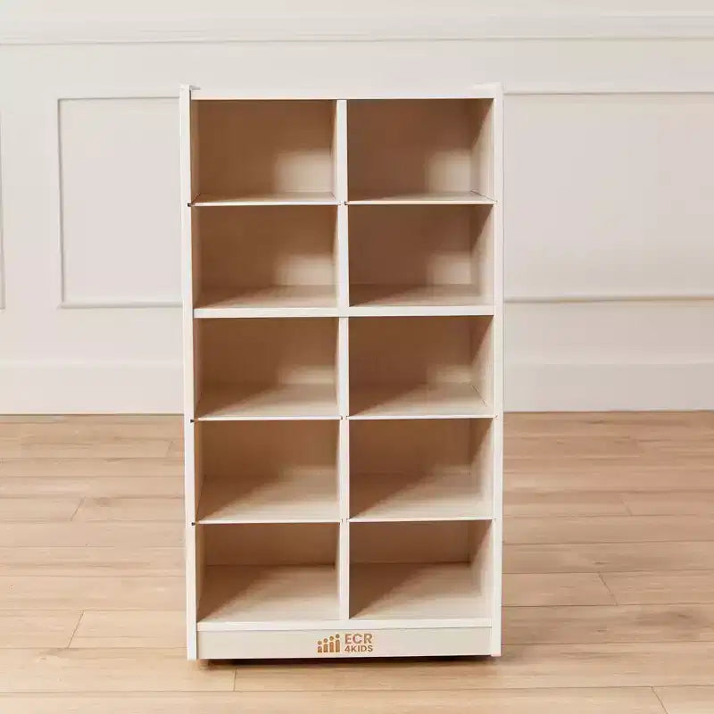 Meuble de rangement mobile à 10 casiers et 10 bacs frontaux inclinés, 5x2, mobilier pour enfants