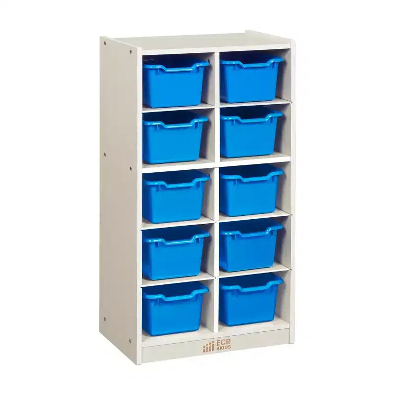 Meuble de rangement mobile à 10 casiers et 10 bacs frontaux inclinés, 5x2, mobilier pour enfants