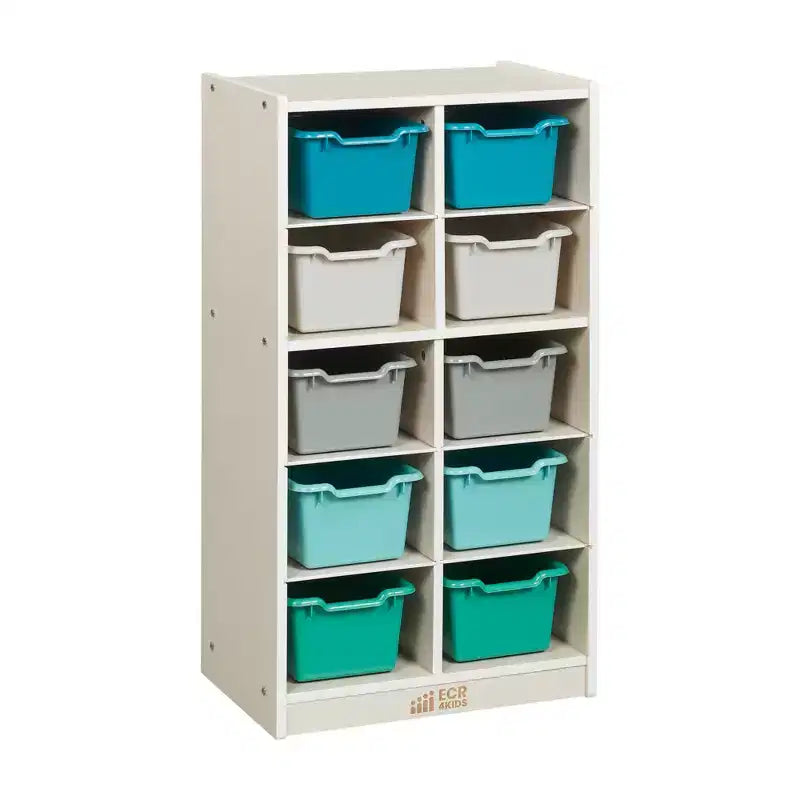 Meuble de rangement mobile à 10 casiers et 10 bacs frontaux inclinés, 5x2, mobilier pour enfants