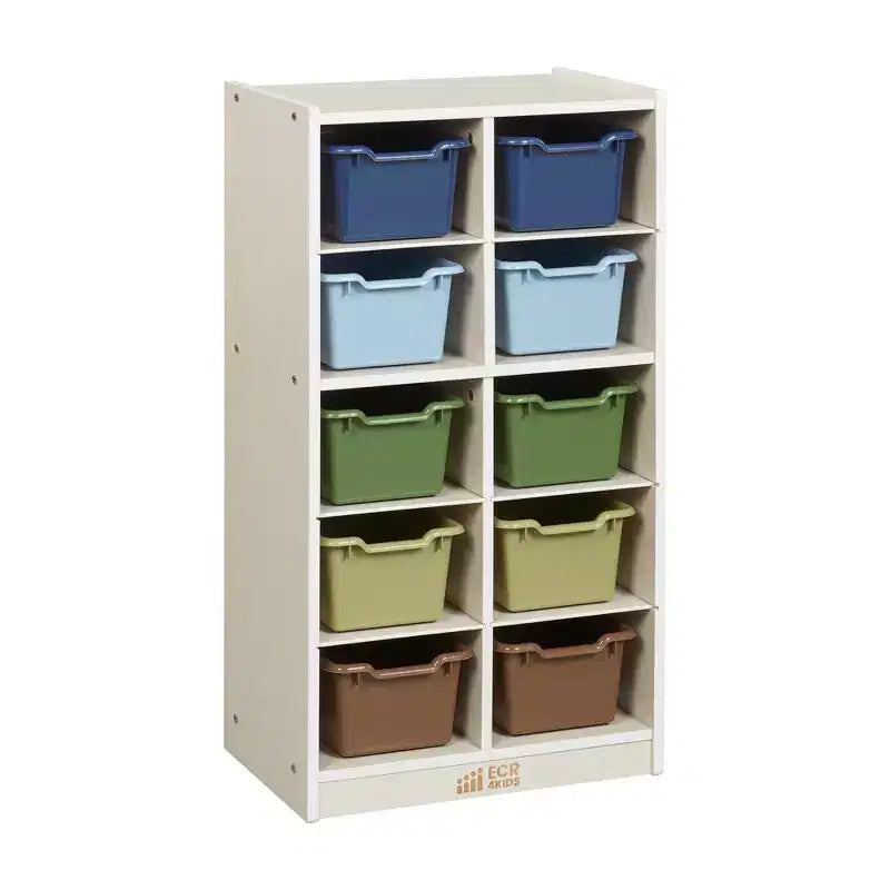 Meuble de rangement mobile à 10 casiers et 10 bacs frontaux inclinés, 5x2, mobilier pour enfants
