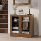 Meuble de Rangement Haut avec Portes en Verre et 2 Étagères, Meuble Autonome pour Salon Cuisine Beige 1 pièce