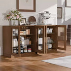 Meuble de Rangement Haut avec Portes en Verre et 2 Étagères, Meuble Autonome pour Salon Cuisine Beige 1 pièce